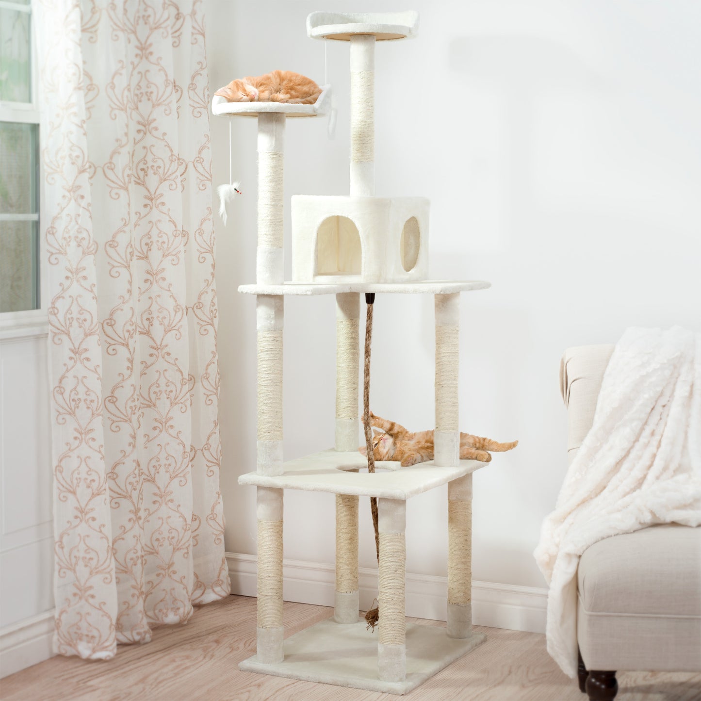 PETMAKER 6FT Cat Tree with Scratch Posts, Ivory