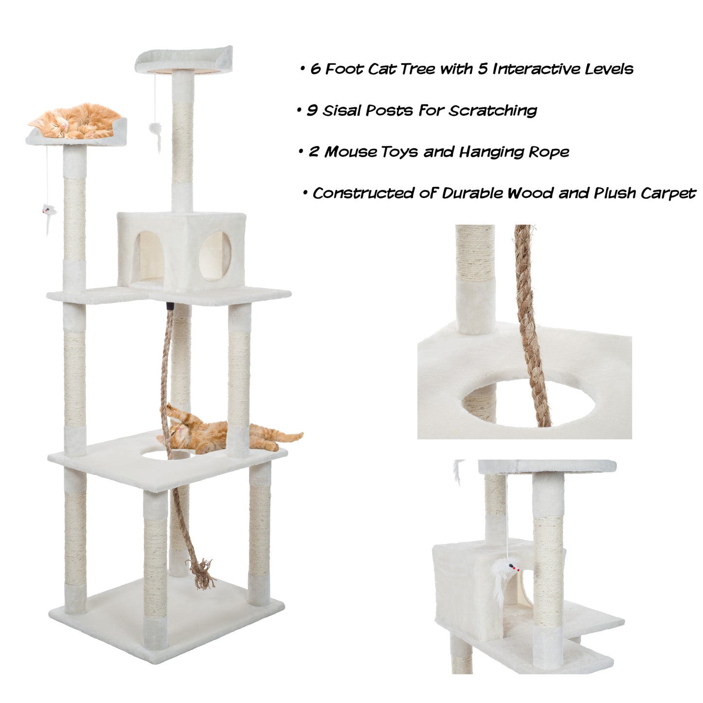 PETMAKER 6FT Cat Tree with Scratch Posts, Ivory