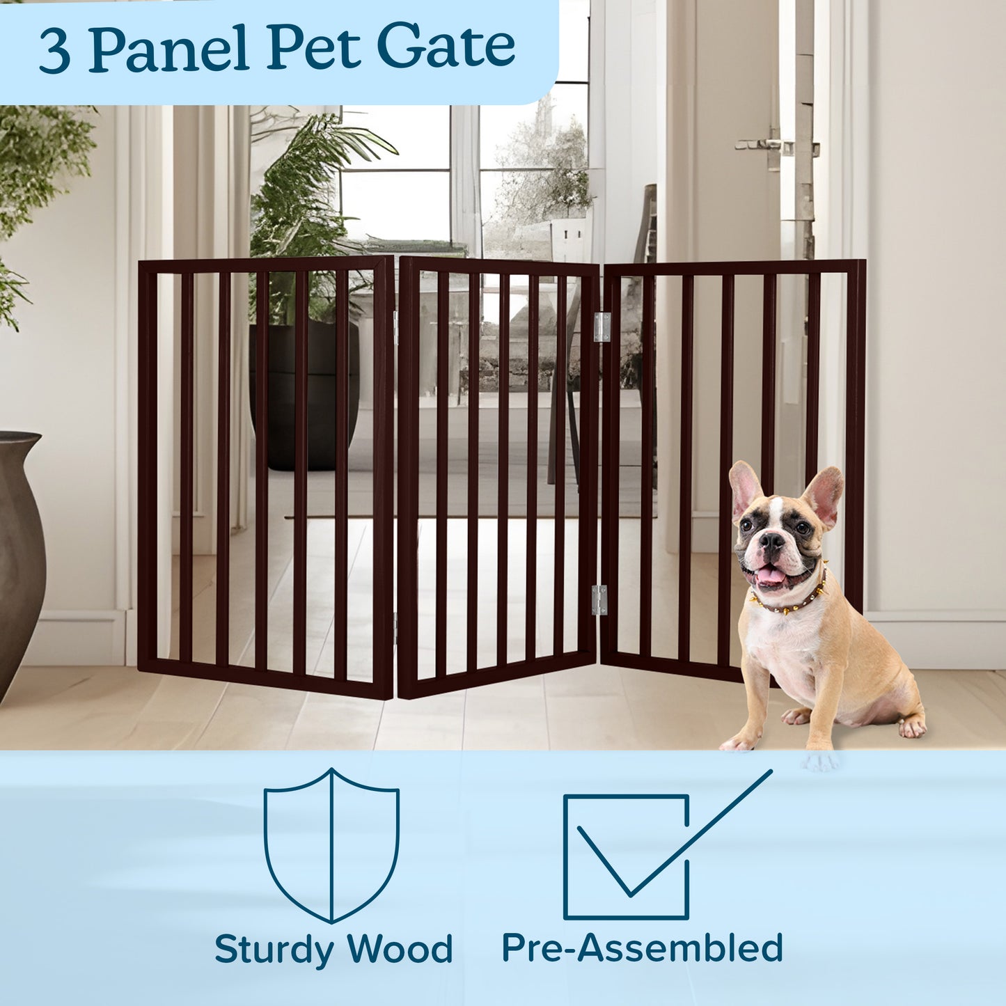 PETMAKER 3-Panel Indoor Foldable Pet Gate, Brown