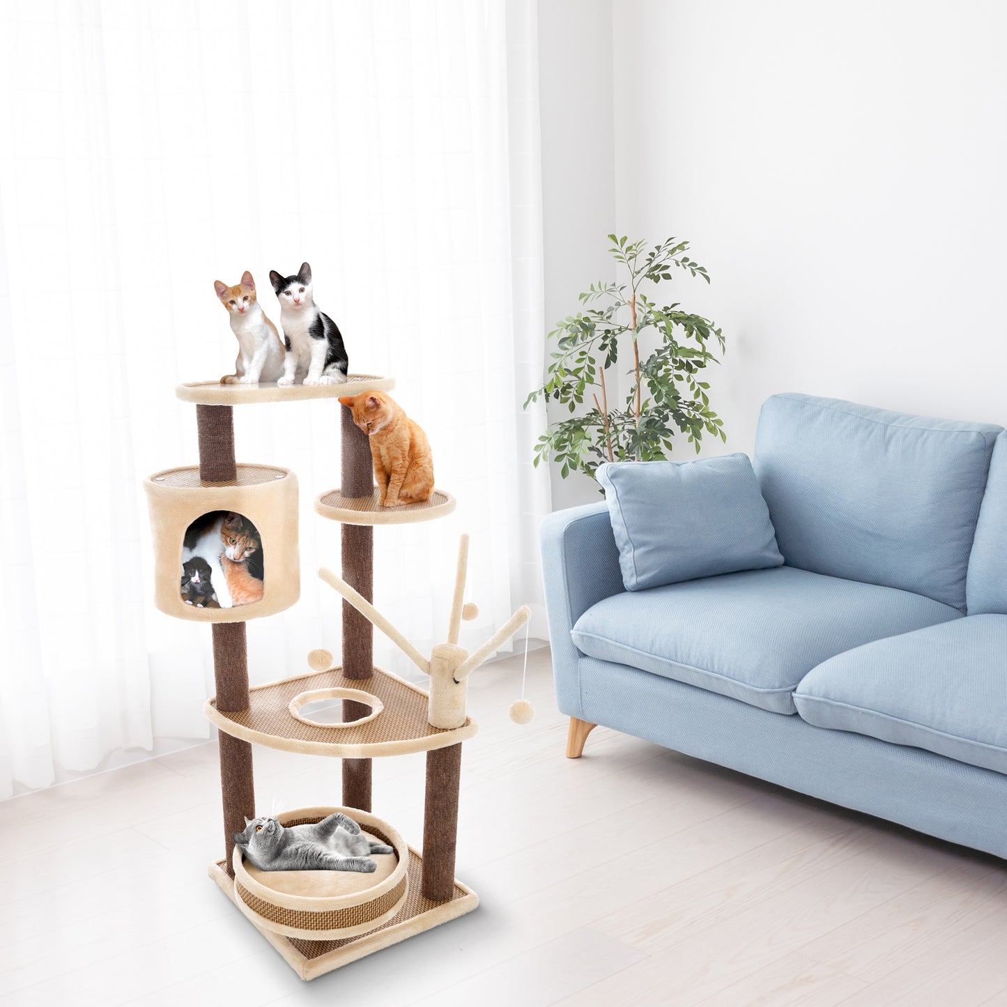 PETMAKER 6-Tier Carpeted Cat Tower, Beige