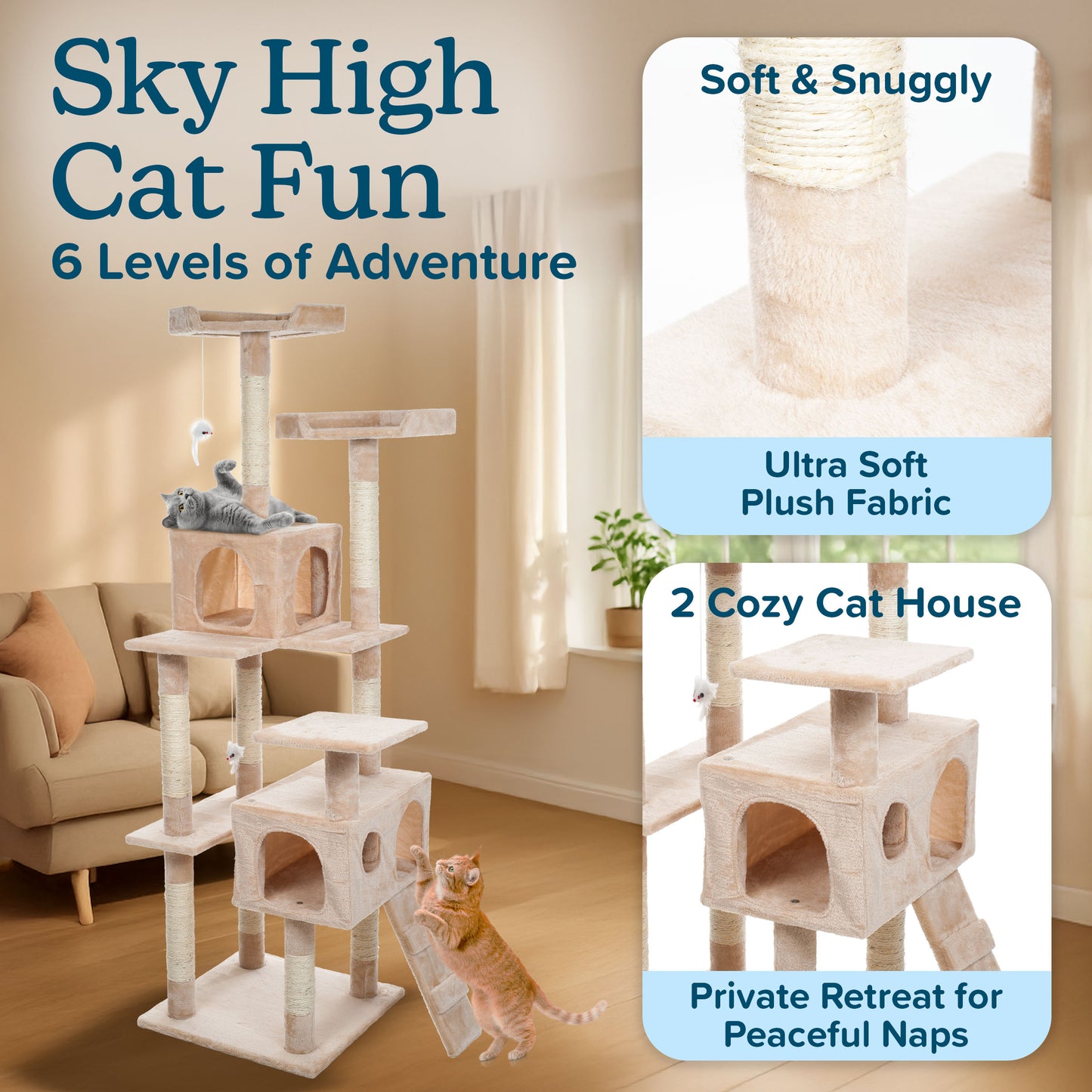 Pet Adobe 5.5FT Cat Tree with Scratch Posts, Beige