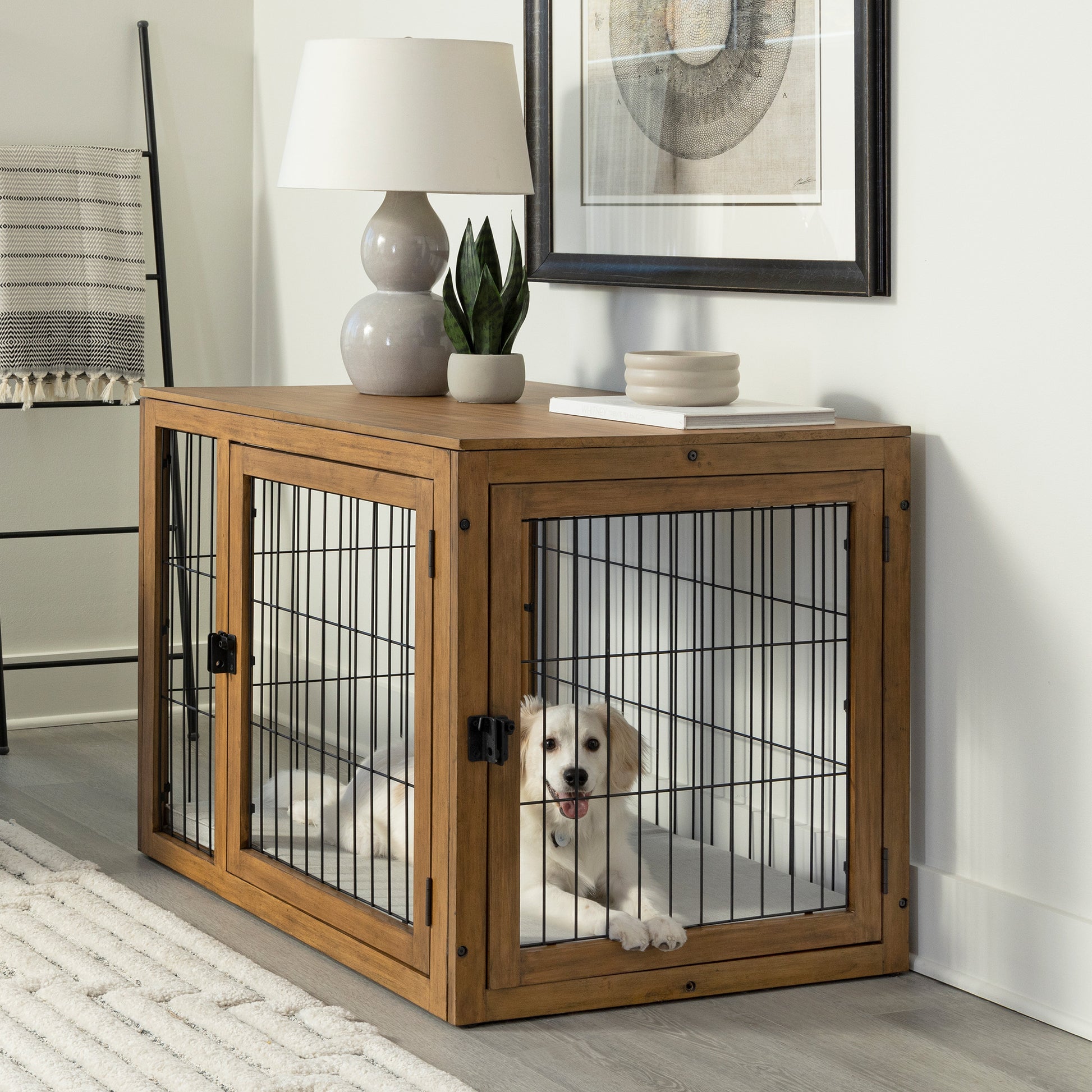 Furniture-Style Dog Crate - Acacia Wood Kennel for Large Dogs with Double  Doors and Cushion - Dog Kennel Furniture by PETMAKER (Natural) – PetMaker