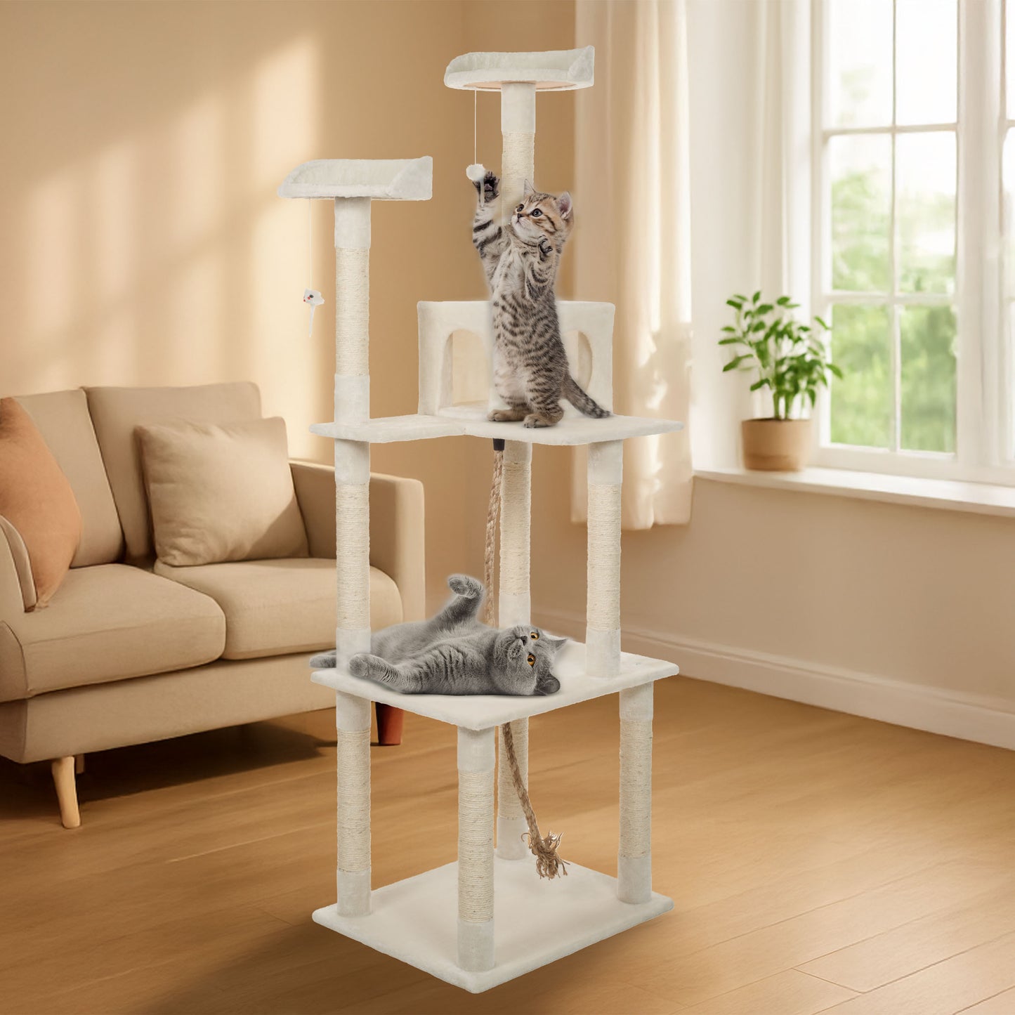 PETMAKER 6FT Cat Tree with Scratch Posts, Ivory