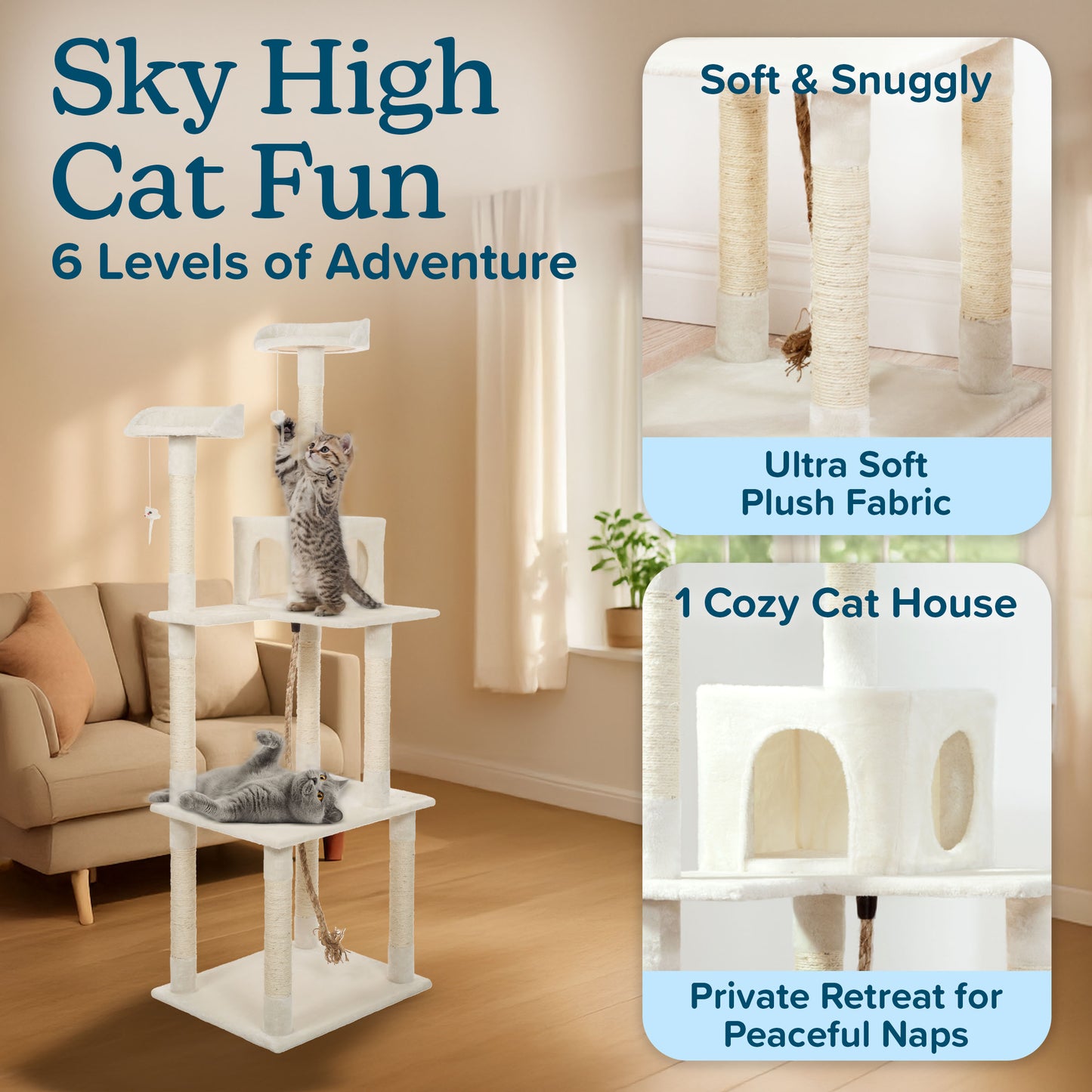 PETMAKER 6FT Cat Tree with Scratch Posts, Ivory