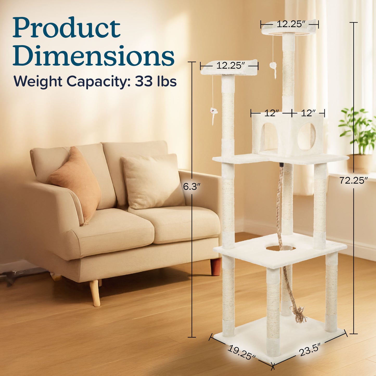 PETMAKER 6FT Cat Tree with Scratch Posts, Ivory