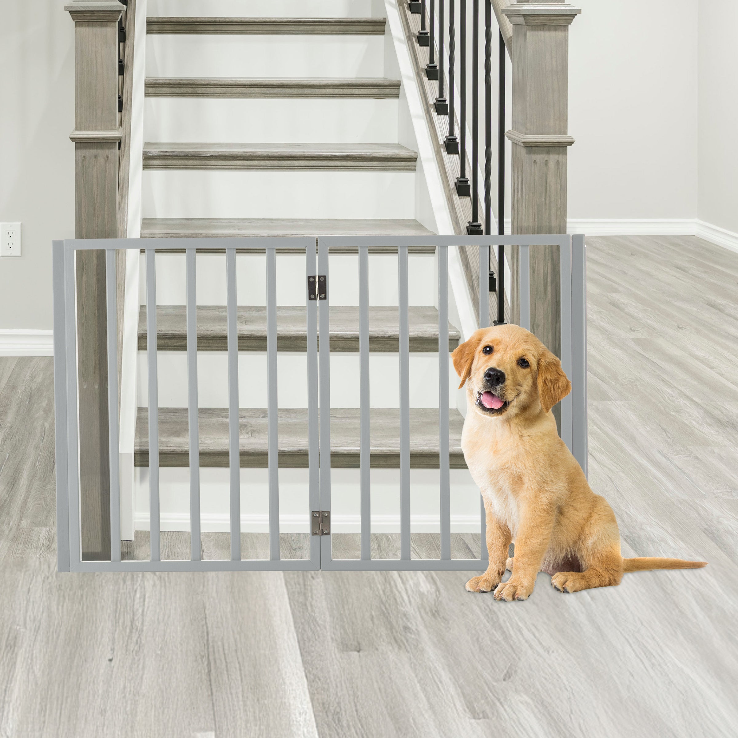 Pet Gate - 4-Panel 73x24 inch Indoor Foldable Wooden Dog & Cat