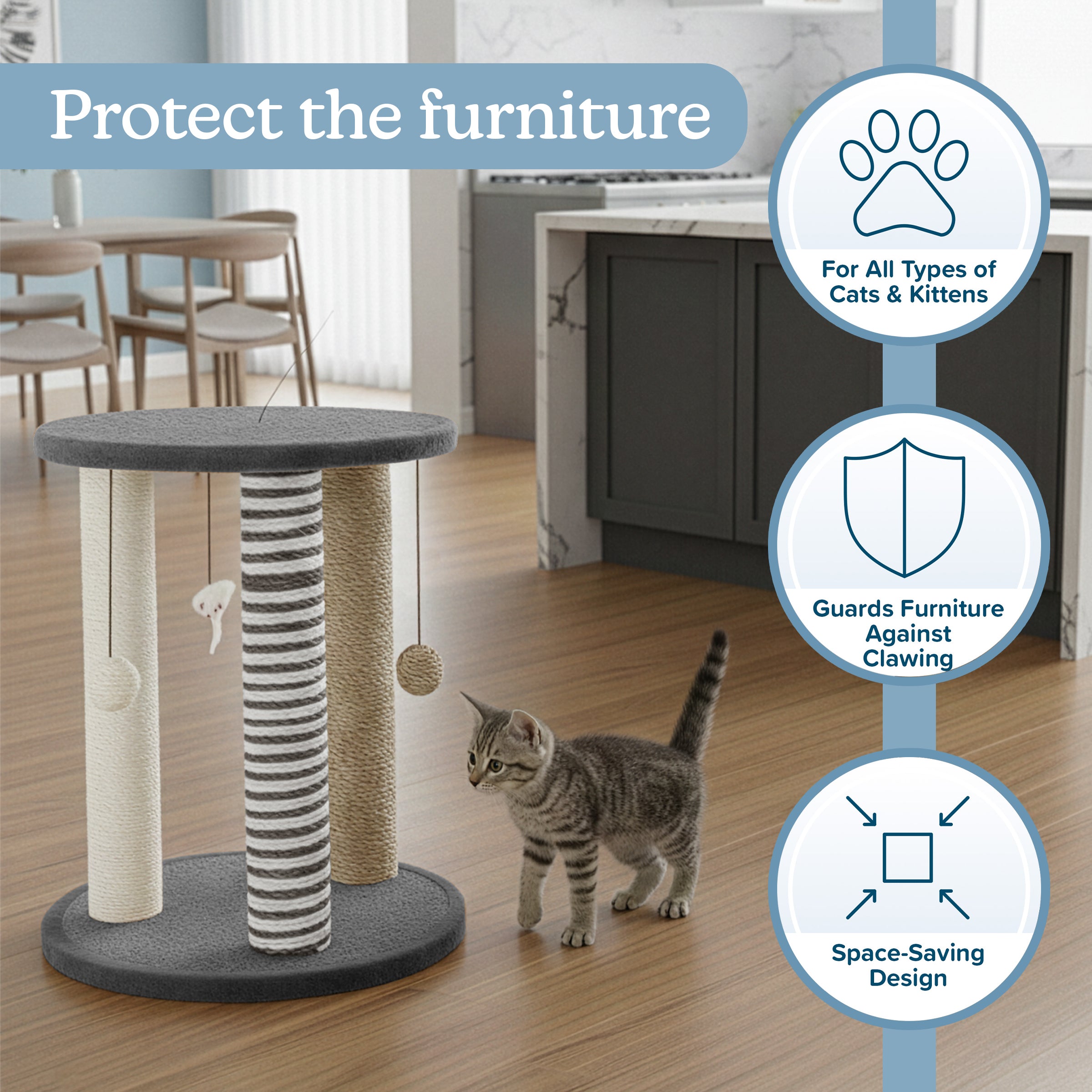 Cat Scratching Post Tower for Indoor Cats, 3 Sisal Rope Scratchers