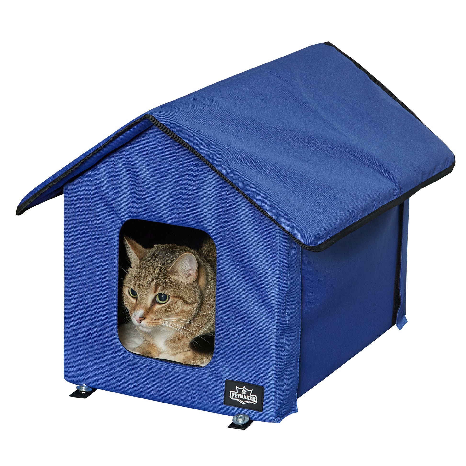 Calico cat sits safely within a pethouse while keeping watch on the outside environment.