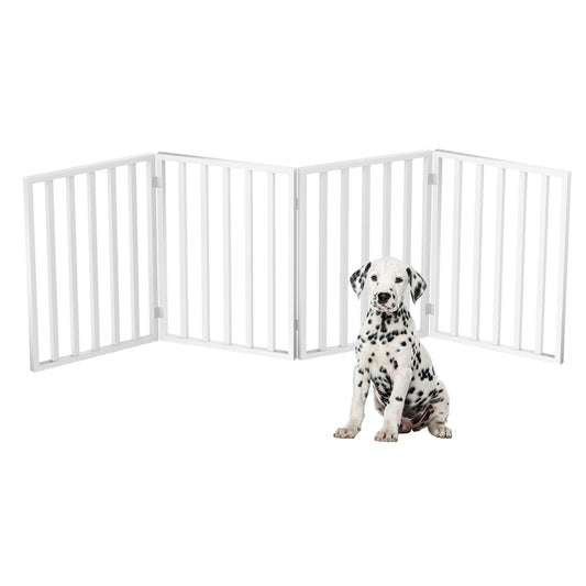 four panel dog gate with obedient dalmatian dog sitting in front of the white pet gate