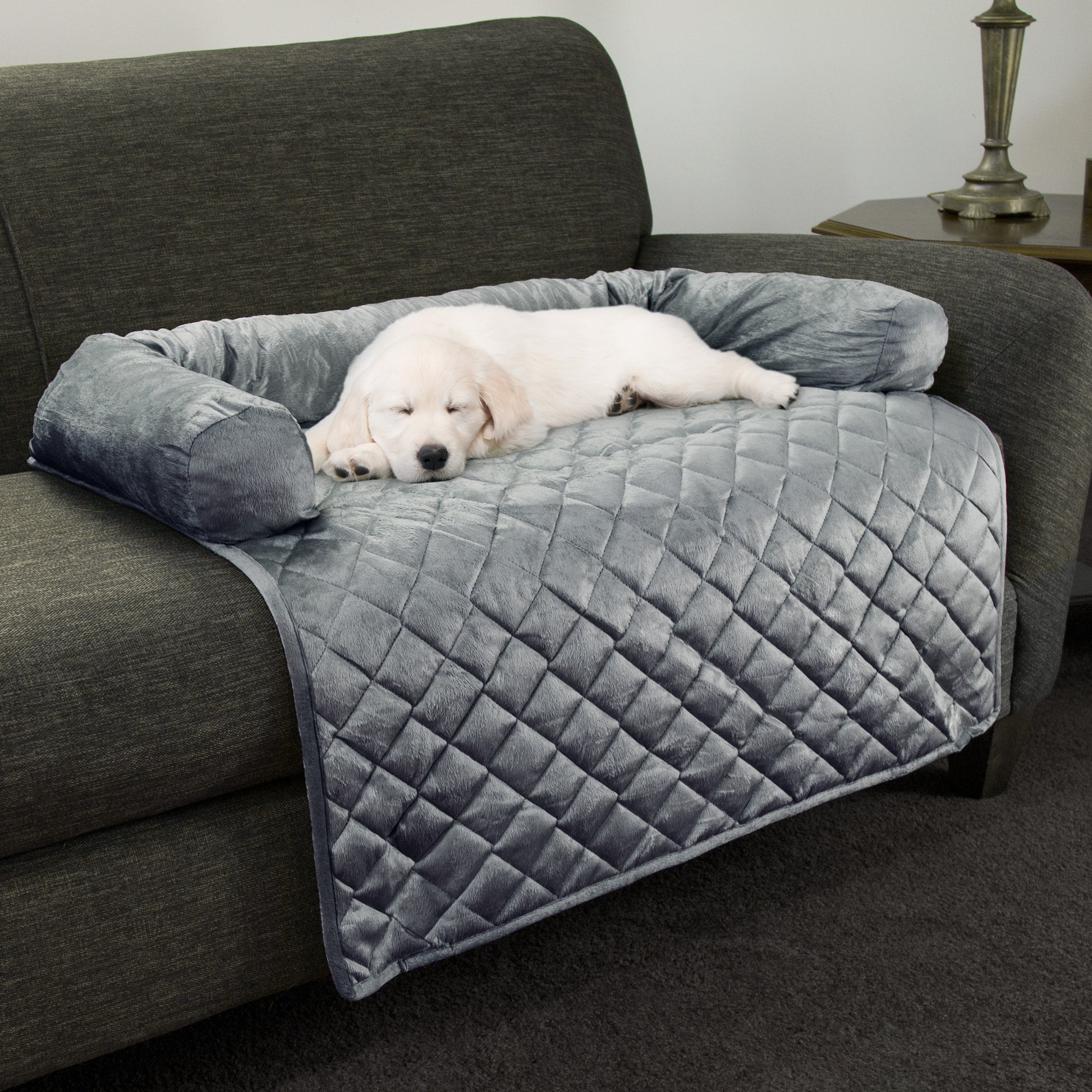 3 Dog Pet Supply Quilted Back Seat Protector with Fleece Bolster - Grey