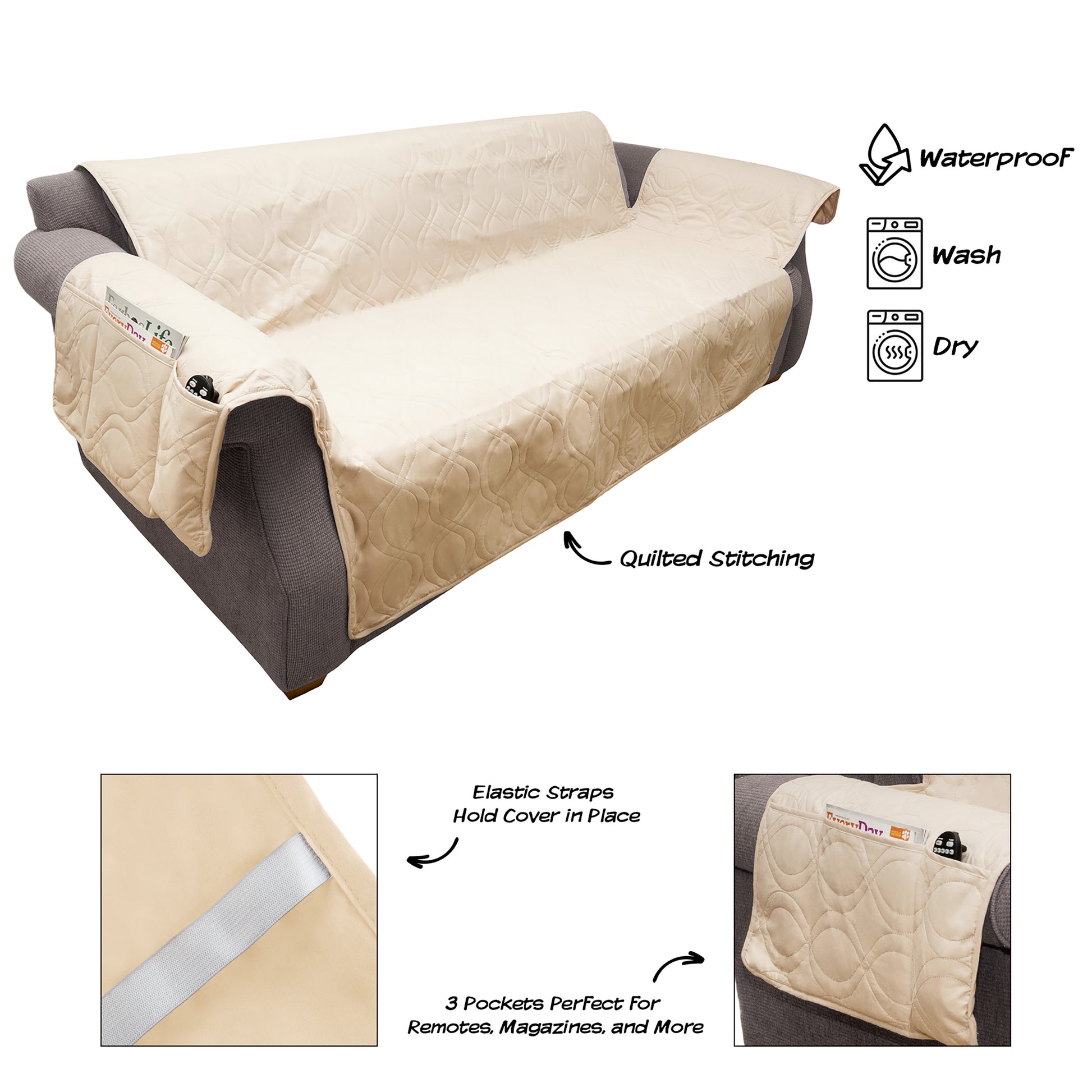 Couch Cover - 100% Waterproof Sofa Cover for Pets - 3-Cushion Pet Furniture  Cover with Non-Slip Straps and Storage Pockets by PETMAKER (Tan) – PetMaker