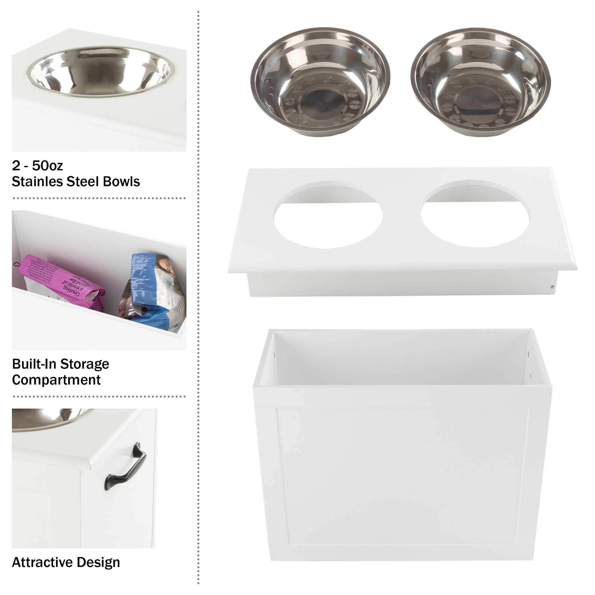 Elevated Dog Bowls with Storage - 16-Inch-Tall Feeding Tray with Hidden  Storage Space for Pet Supplies - 50oz Capacity Bowls by PETMAKER (White)