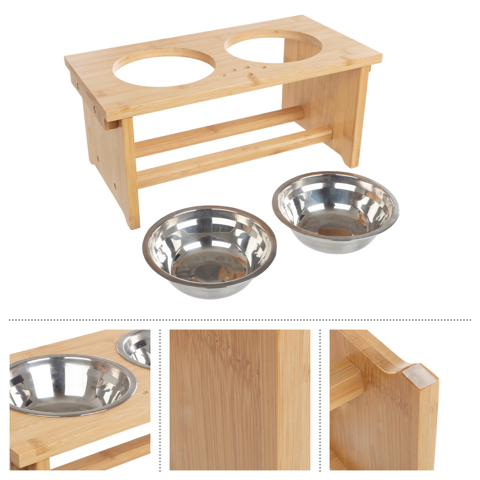 Elevated Dog Bowls, Adjustable Raised Dog Bowl Stand Feeder for Small Size Dogs and Cats, Durable Bamboo Dog Food Bowl Stand with 2 Stainless Steel